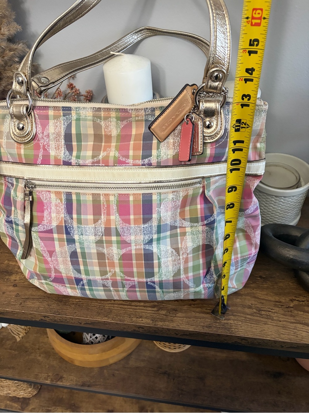 Coach madras Plaid Multicolor Tote Bag with Metallic Handles - Picture 3 of 7